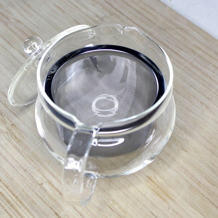 Wide Glass Teapot With Metal Basket - open